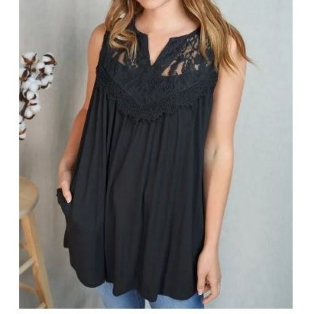 Lace Trim Sleeveless Top with Pockets - Black - Small, Medium, Large